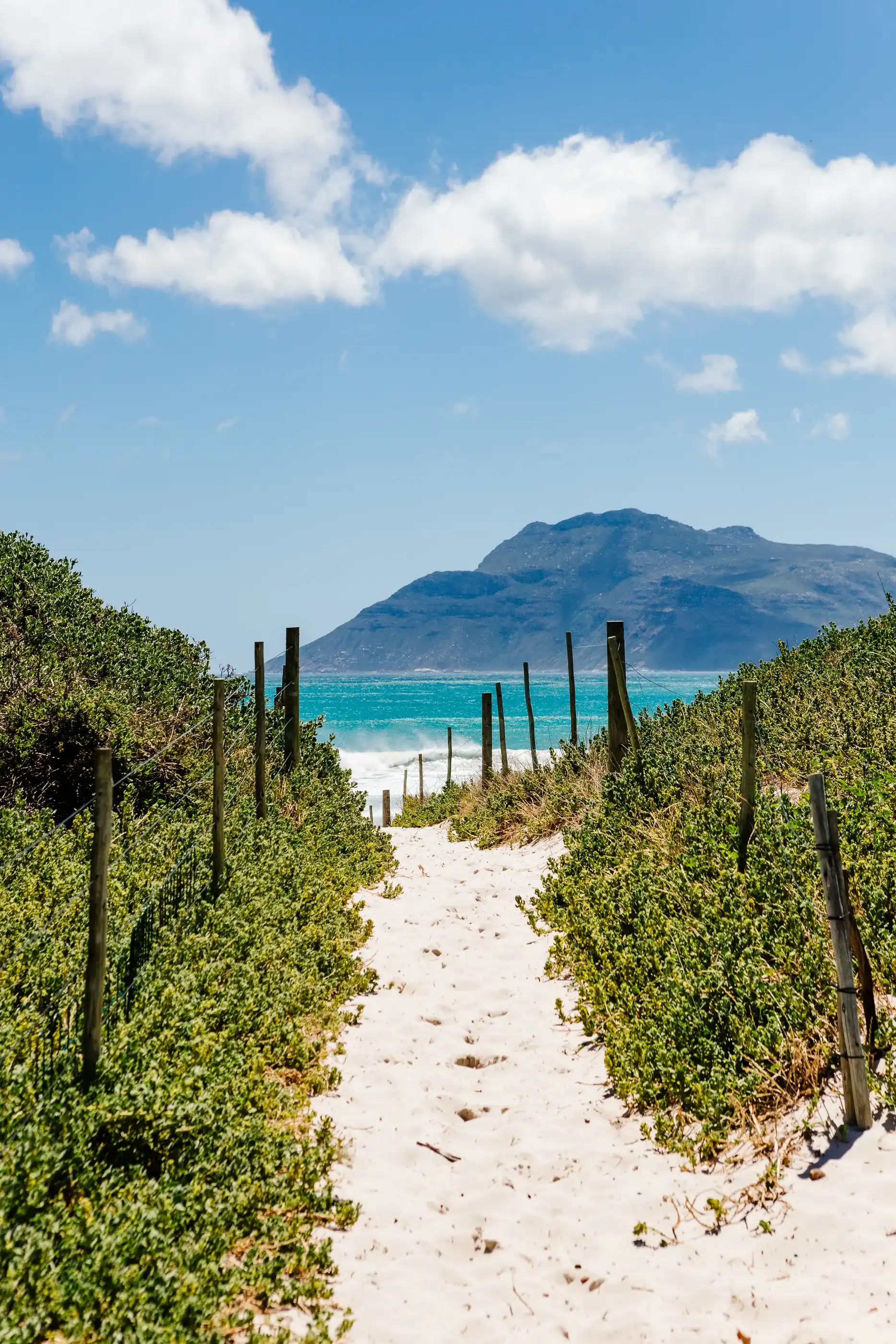 A sandy path leading through the fynbos towards the beach in Kommetjie.